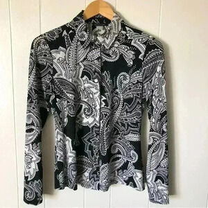 Tommy Hilfiger Button Down Black / White Paisley Polyester Shirt Blouse Size XS
